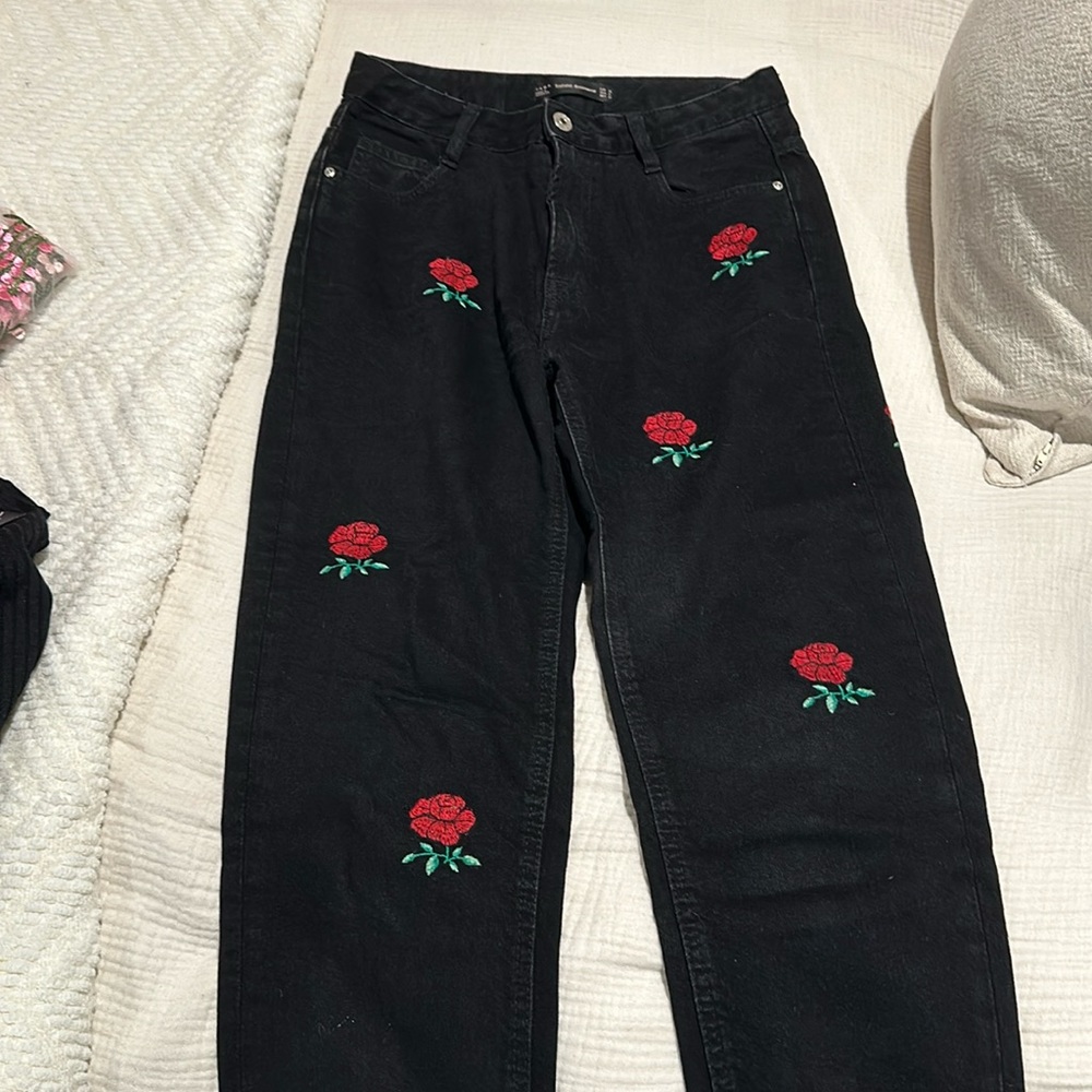 Black Straight Jeans with Rose Design